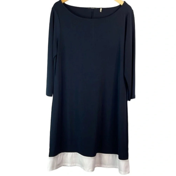 TAHARI Midnight Navy Blue Midi Shift Dress Bateau Neck White Trim 3/4 Sleeves L - Picture 2 of 11